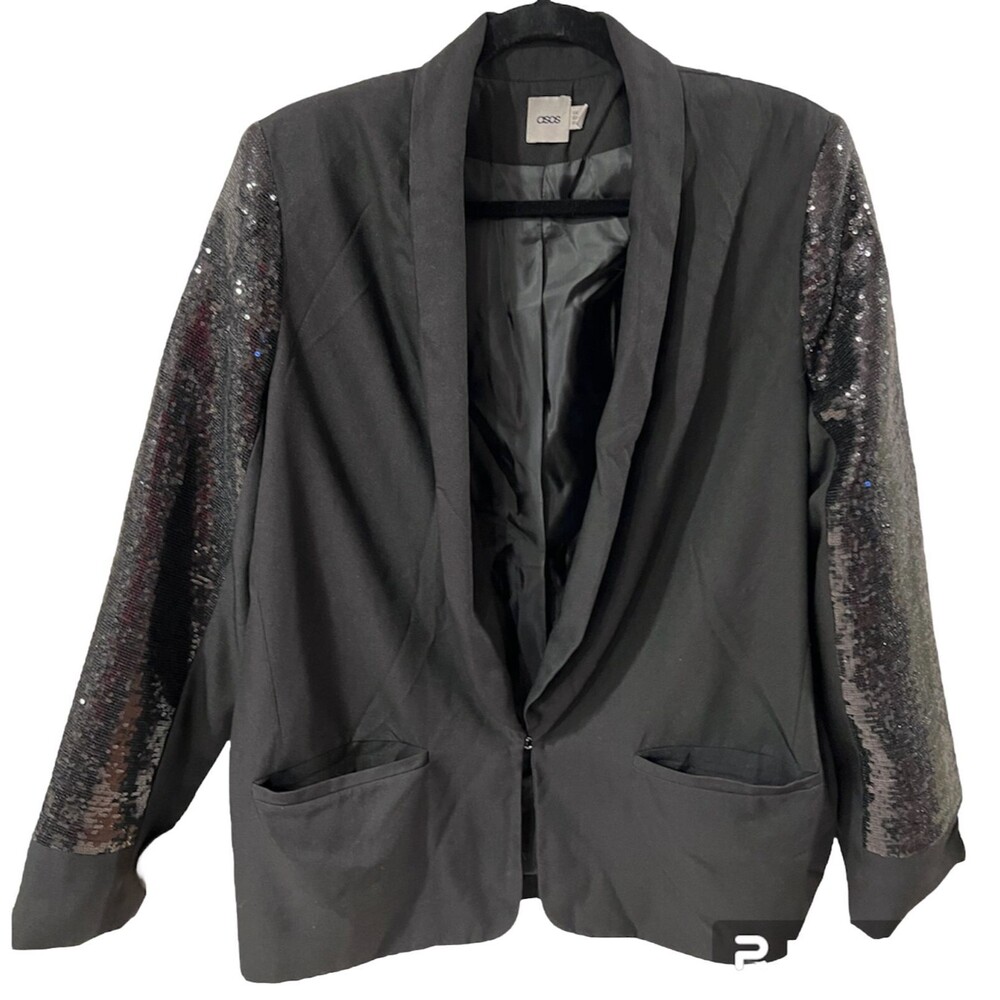 ASOS Jacket Womens Sz 10 Hook Front Black Sequin Blazer Party Cocktails Swifty - Picture 2 of 7